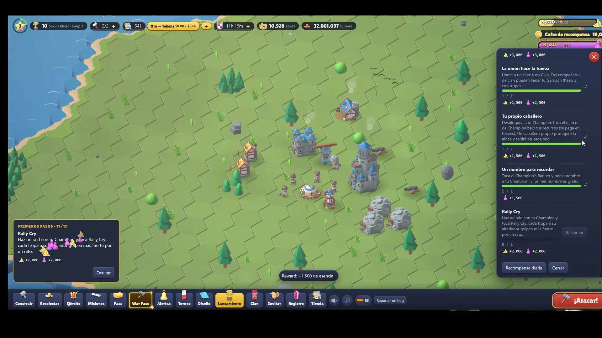 RaidLords, màn hình game với các tòa thành, nhiệm vụ và tài nguyên người chơi trên bản đồ